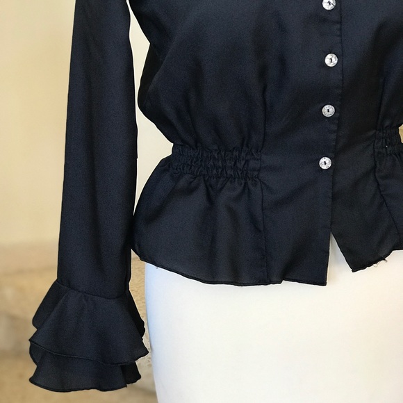 1970s Vintage Black Ruffle Button Down Blouse - Picture 5 of 8